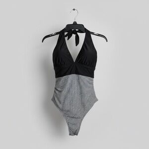 Black White Striped Halter One Piece Swimsuit XL Tummy Control